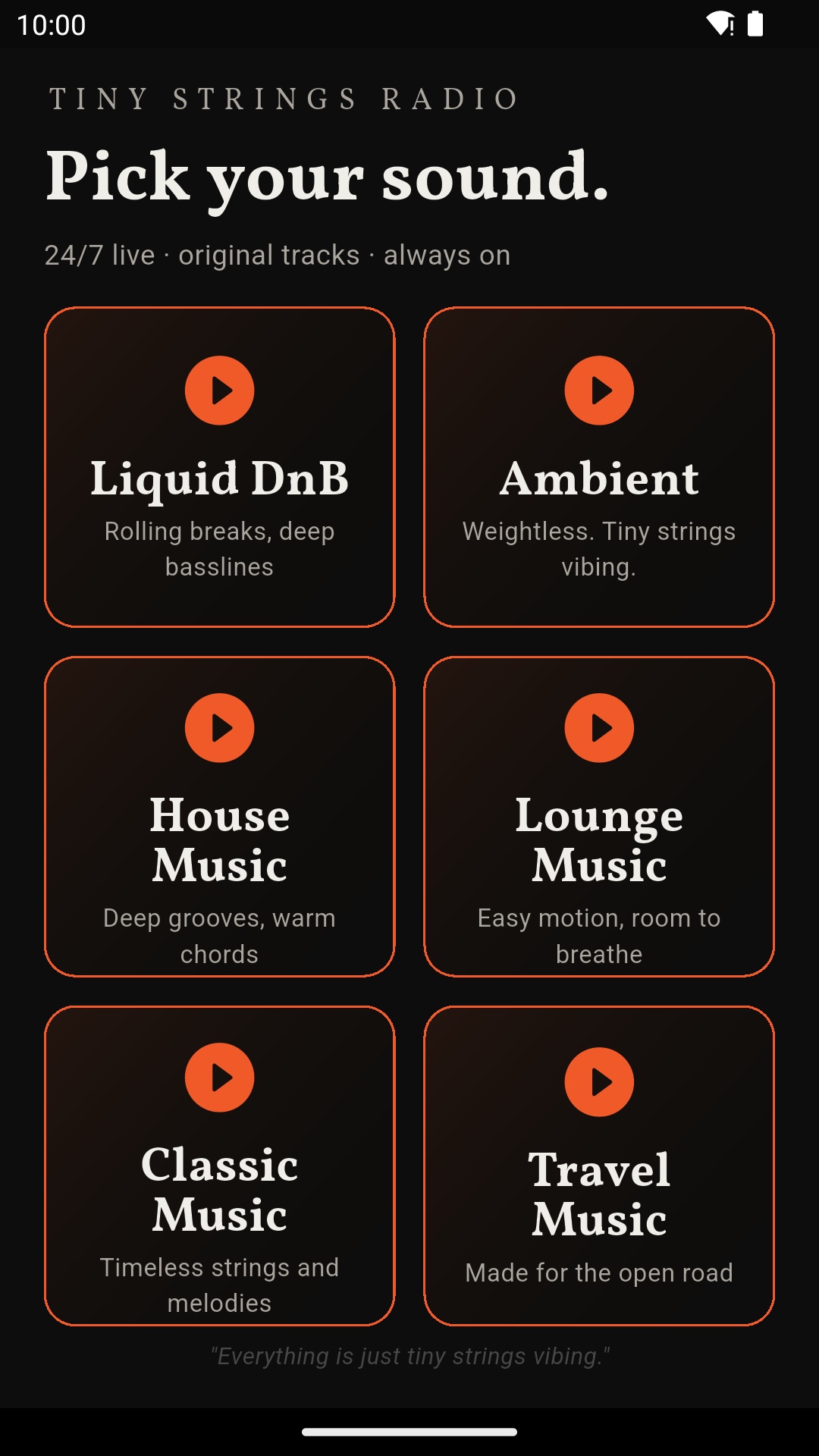Výběr šesti stanic Tiny Strings Radio (aktuální build 1.1.1+12): Liquid DnB, Ambient, House Music, Lounge Music, Classic Music, Travel Music